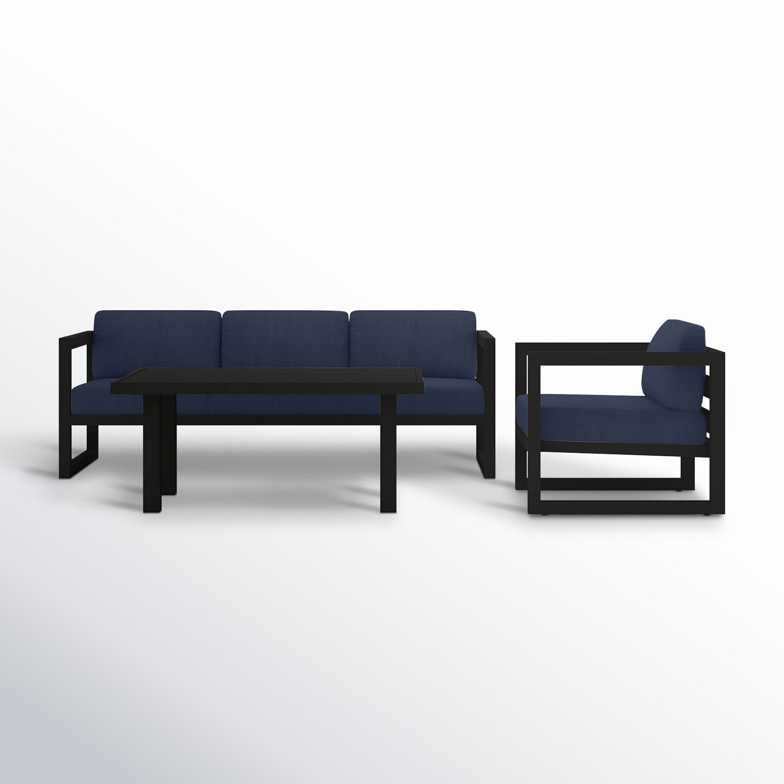 Smith 3 Piece Sofa Seating Group with Sunbrella® Cushions, Black, Spectrum Indigo