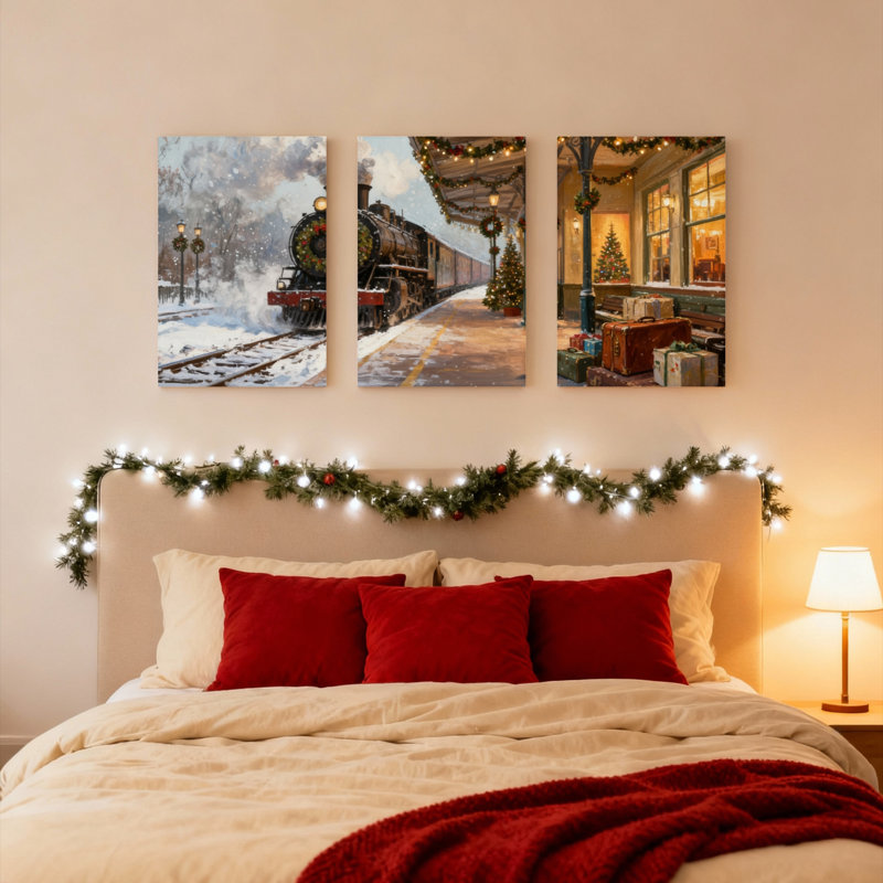 «Christmas Train Station», ensemble de 3 reproductions d'art sur toile tendues, H 18 po x l 36 po