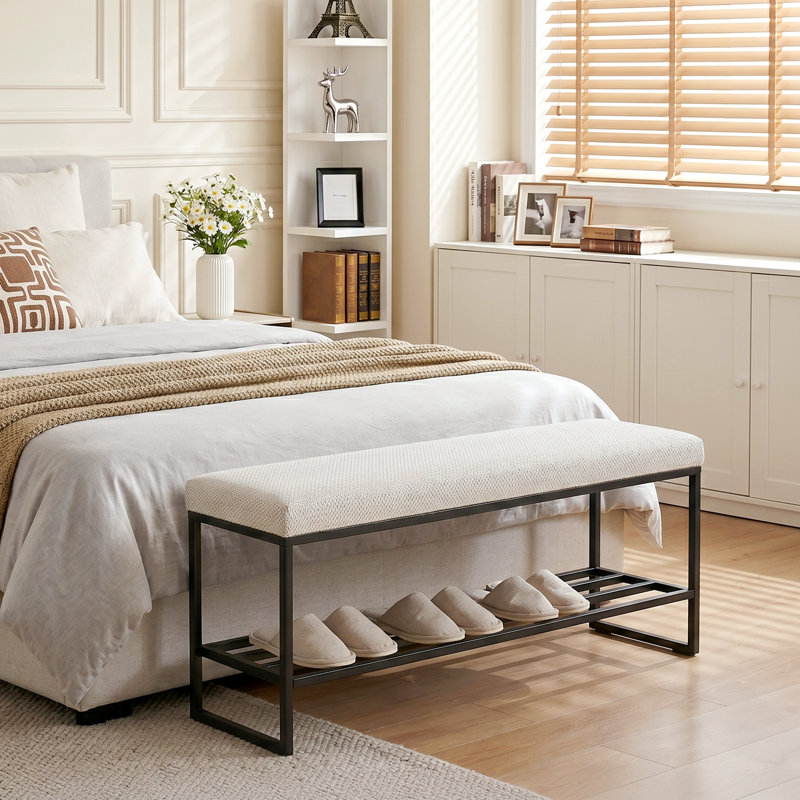 Chamille 40.6" Upholstered Entryway Bench with Lower Shoe Shelf, Sturdy Metal Frame, Beige Linen