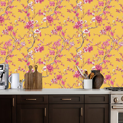 Peel and Stick Wallpaper Pink White Floral Branches Vibrant Yellow village chinoiserie Contact Paper Removable Self Adhesive Wall Mural Wall Decor for Bedroom Kitchen Cabinets 17.7in x 118in