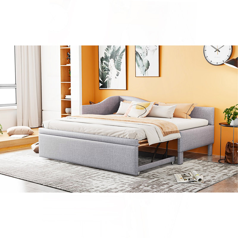 Twin Size Upholstered L-Shaped Upholstered Daybed With Pop Up Trundle, Gray