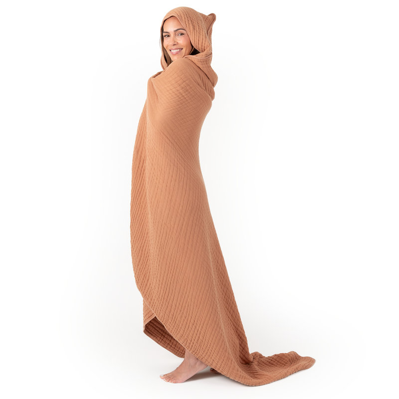 Comfy Cubs Adult Hooded Towel, Large Muslin Cotton Durable and Dual Function Wearable Blanket and Absorbent, Caramel