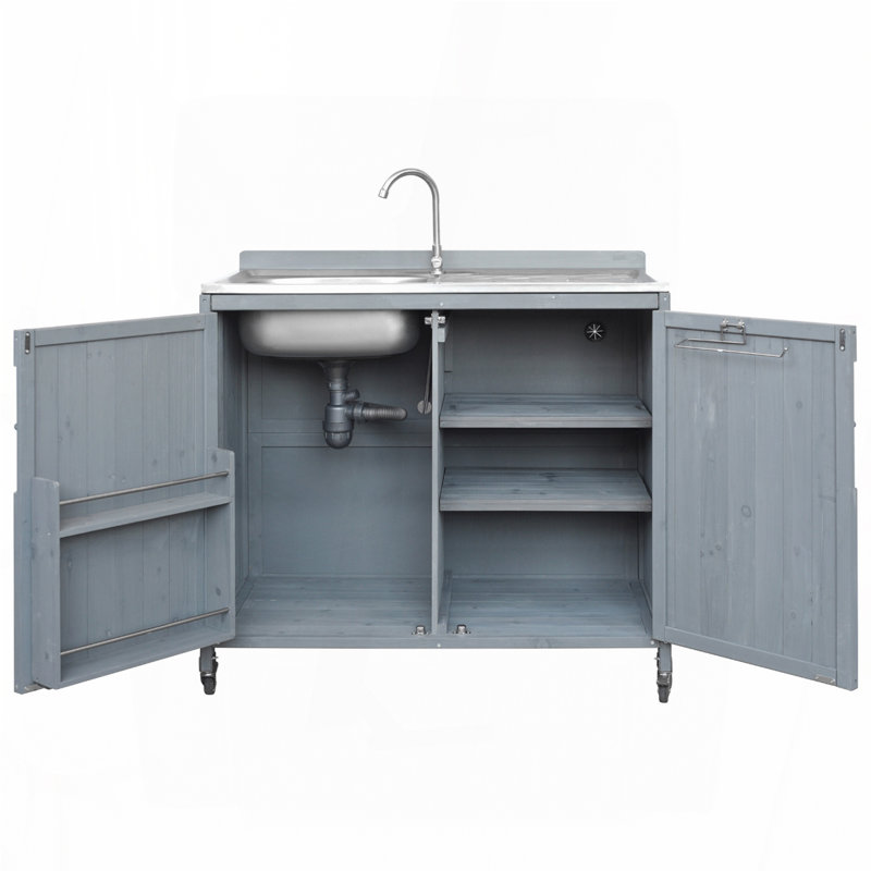 Îlot de cuisine extérieur 39,4 po avec évier en acier inoxydable 304, Bleu gris