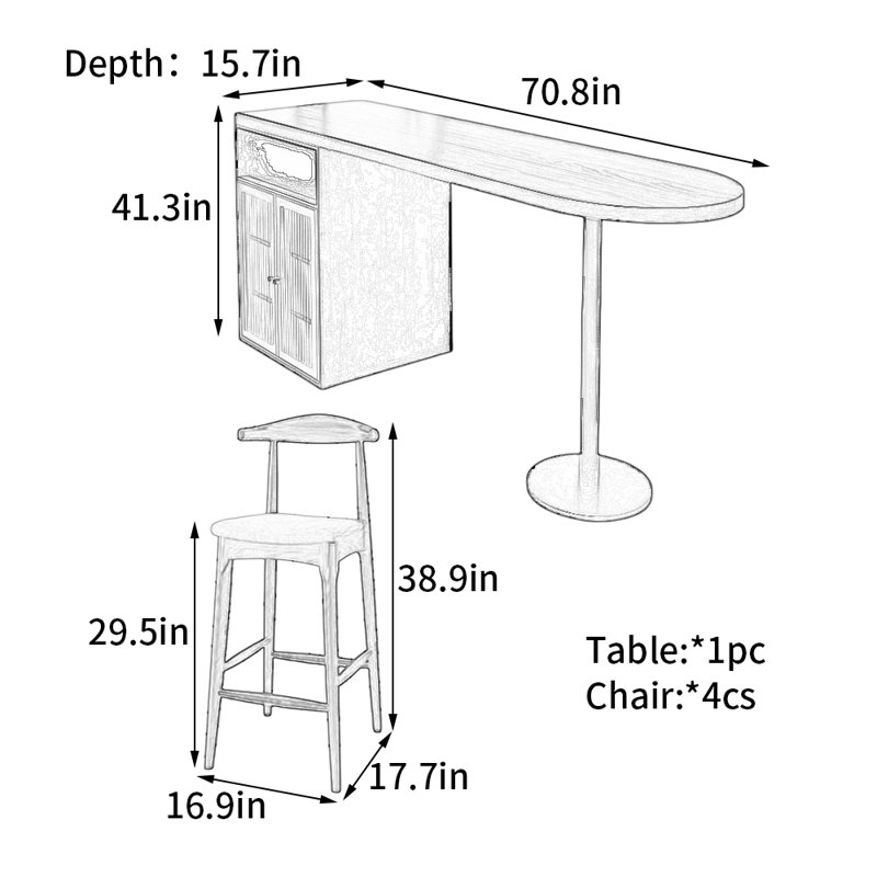 Table de bar haut de gamme en bois massif noir, H 41,3 po x l 70,8 po x P 15,7 po