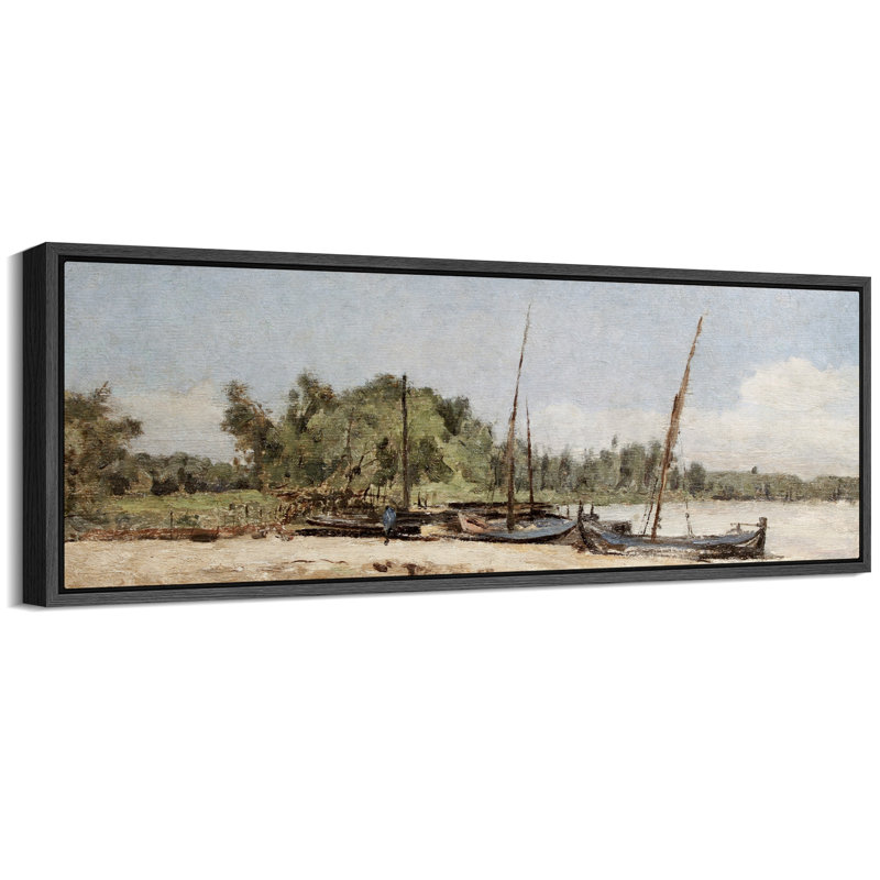 Bateaux sur une berge, paysage serein, H 20 po x l 60 po, Black