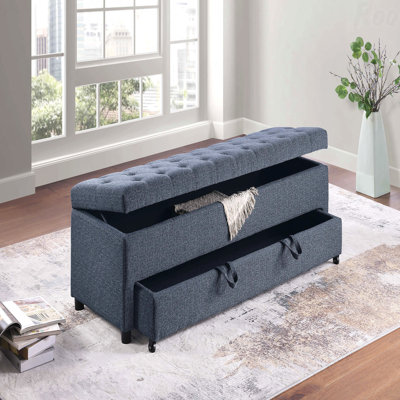 Repose-pieds bleu, gris et gris avec fonction de rangement, tiroir sous le siège et siège capitonné
