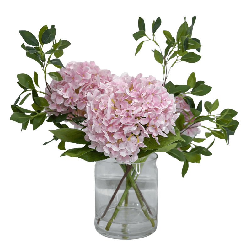 Pink Silk Hydrangea Faux Floral Arrangement in Clear Glass Cylinder Vase