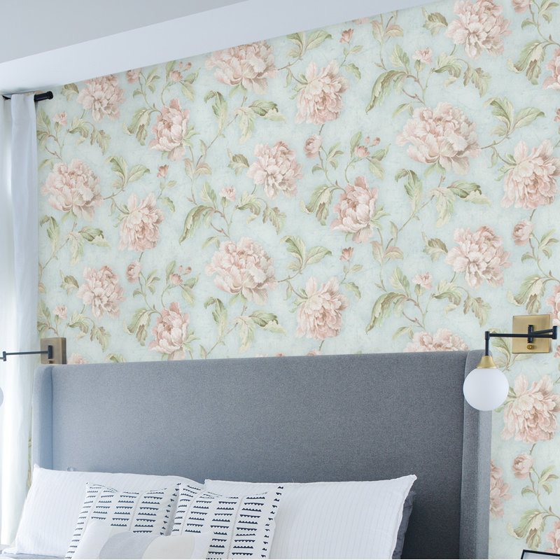 Laci Floral Trail 33' L x 20.5" W Wallpaper Roll, Powder Blue/Blush