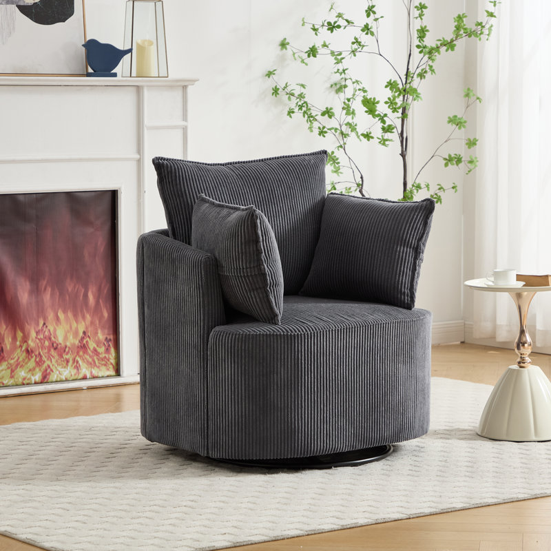 33.83" W Upholstered Swivel Barrel Chair, Gray
