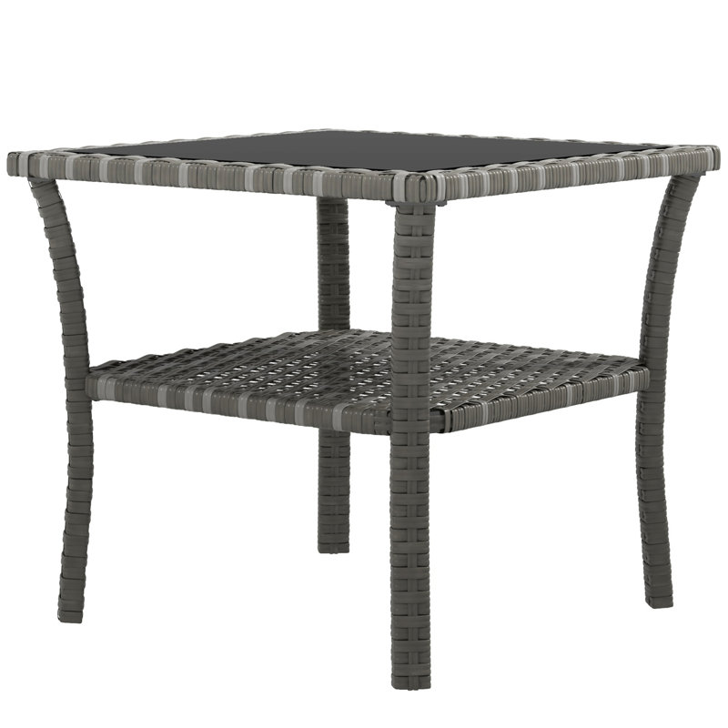 Outsunny Rattan Side Table With Storage Shelf, Aluminum Frame, Tempered Glass Top For Outdoor Use And Durability, Gray