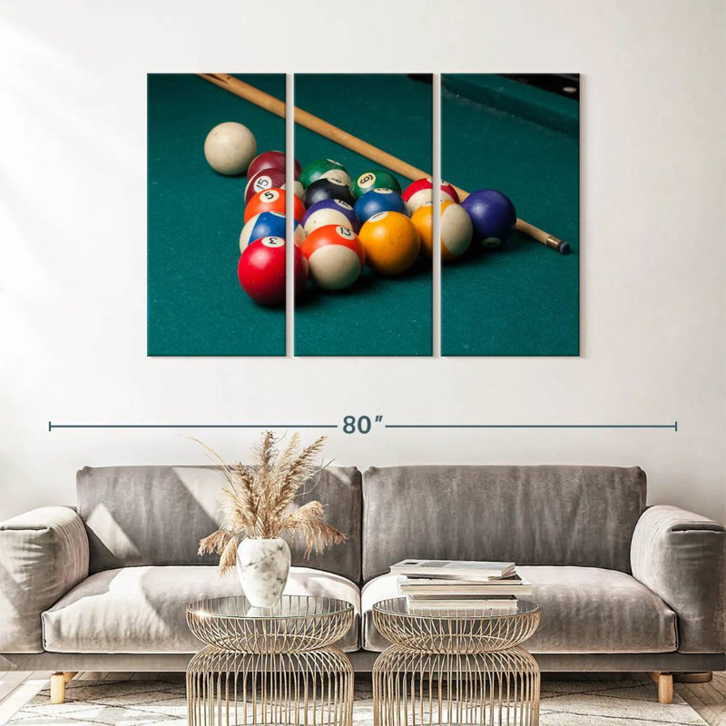 «Billiard Game Installation», 3 pièces sur toile, H 36 po x l 57 po x P 1,25 po