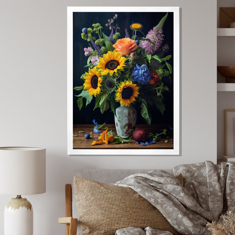 «Blossoming Sunflower Bouquet» avec impression sur toile, H 40 po x l 30 po x P 1,5 po, Cadre simple blanc