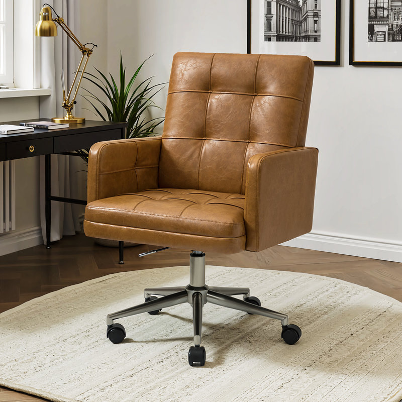 Auric Mid-Century Modern 23" W Leather Height-Adjustable Swivel Office Chair with Button Design, Camel