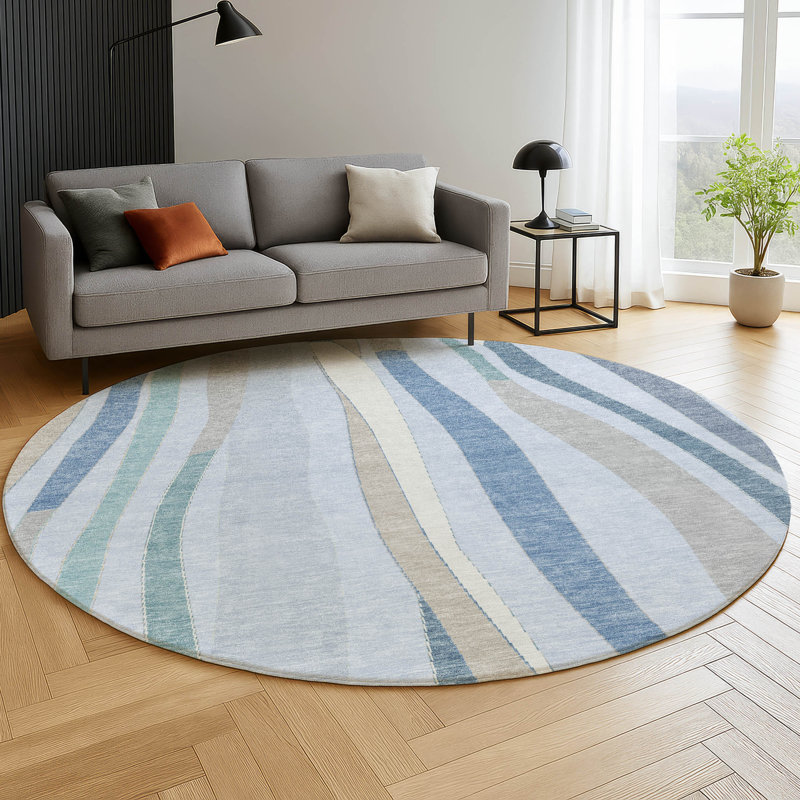 Premium Machine Washable Mayfield AMF2188 Striped Rug, Sky, 8' Round