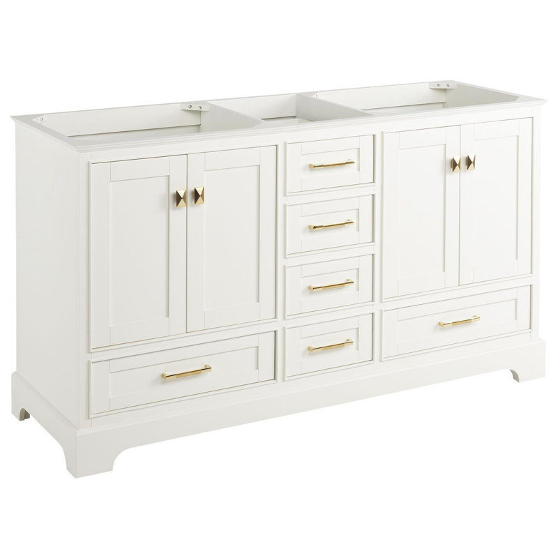 Quen 60" Freestanding Double Basin Vanity Cabinet - Cabinet Only - Less Vanity Top, Soft White, Satin Brass
