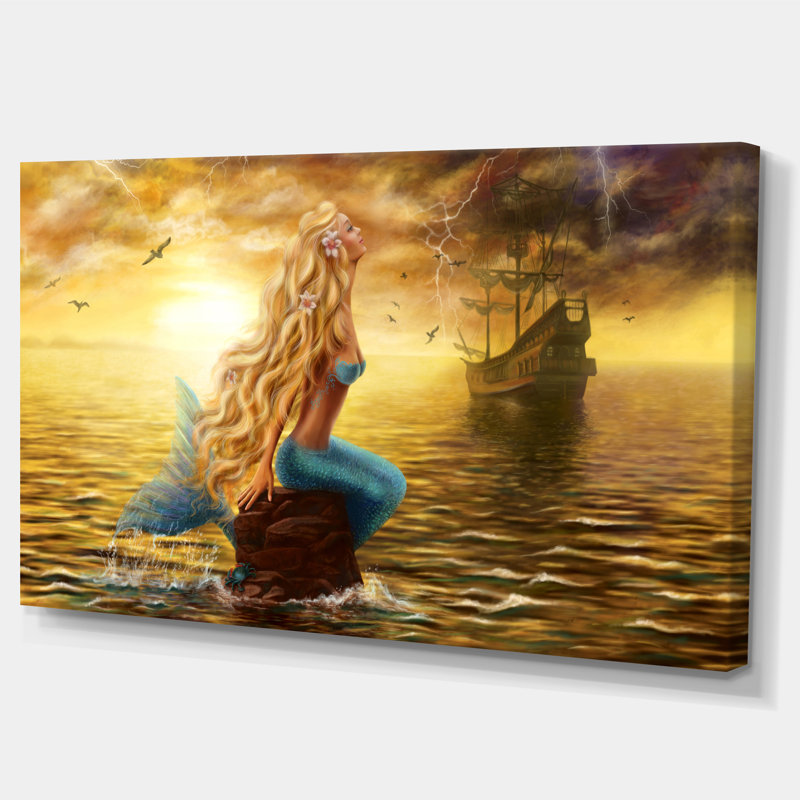 Sea Mermaid with Ghost Ship - impression d'art graphique, H 20 po x l 40 po x P 1 po, Toile tendue