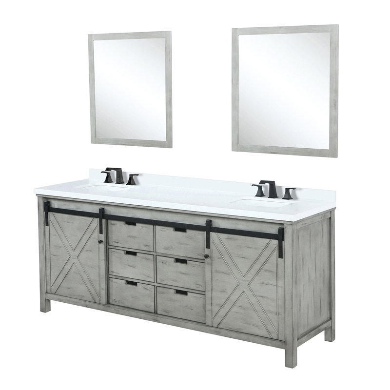84 po Meuble-lavabo double X 22 gris cendré avec comptoir en quartz blanc, robinet inclus et 34 miroirs