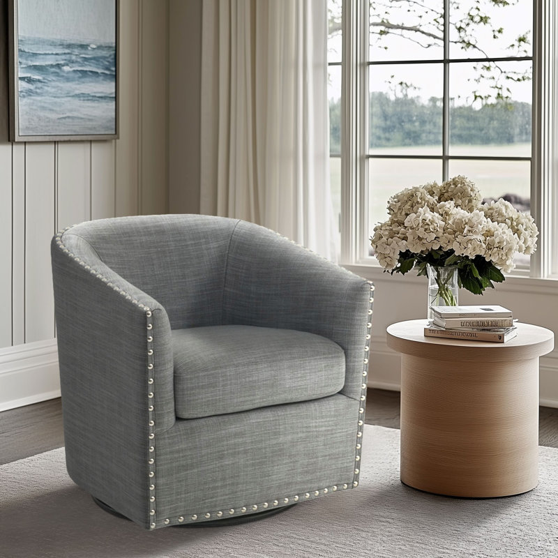 Tyler 360° Swivel Barrel Chair with Nailhead Trim, Gray Polyester