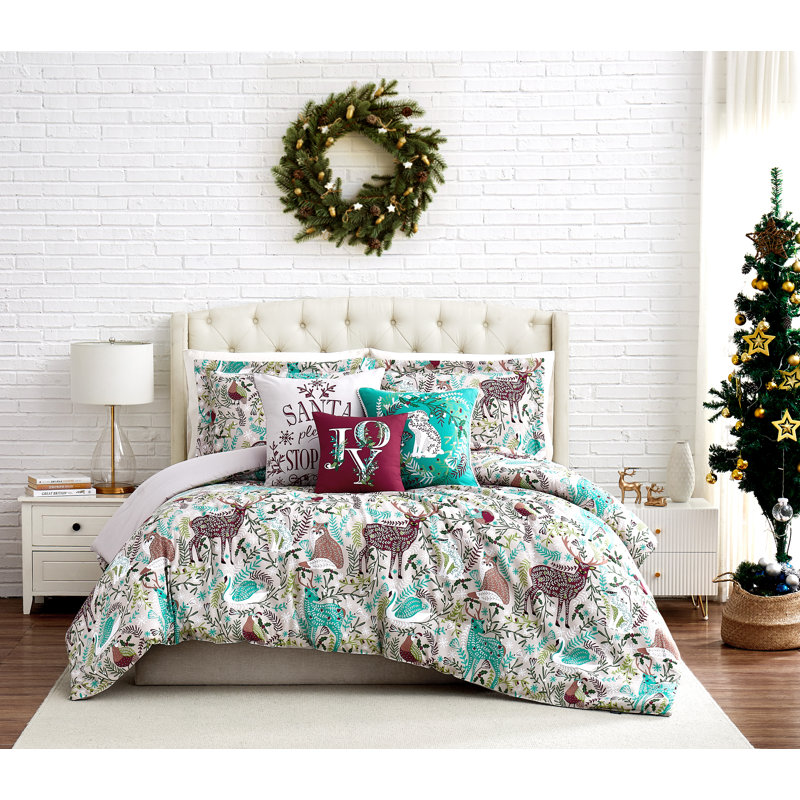 Christmas Woodland Gray/Mint/Plum Microfiber Reversible Comforter Set, Twin + 4 Additional Pieces