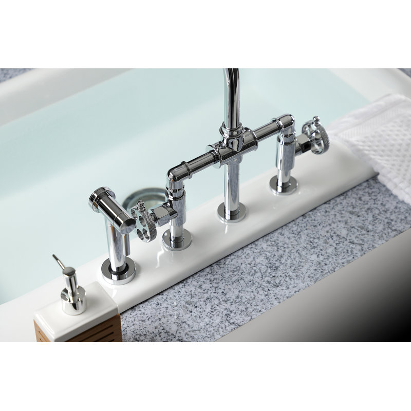 Kingston Brass Webb Two-Handle 4-Hole Deck Mount Bridge Kitchen Faucet with Knurled Handle and Side Sprayer, Polished Chrome
