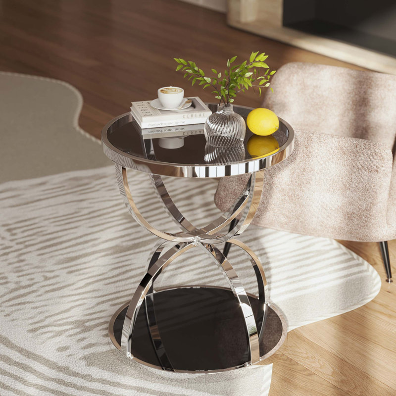 Table d'appoint moderne en verre avec deux niveaux et un design polyvalent, Gris; chrome