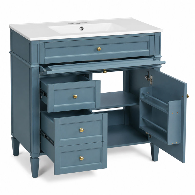 Meuble-lavabo simple 36 po avec lavabo 36 po, 2 tiroirs, tiroir escamotable et rangement pour porte, Bleu, Gold