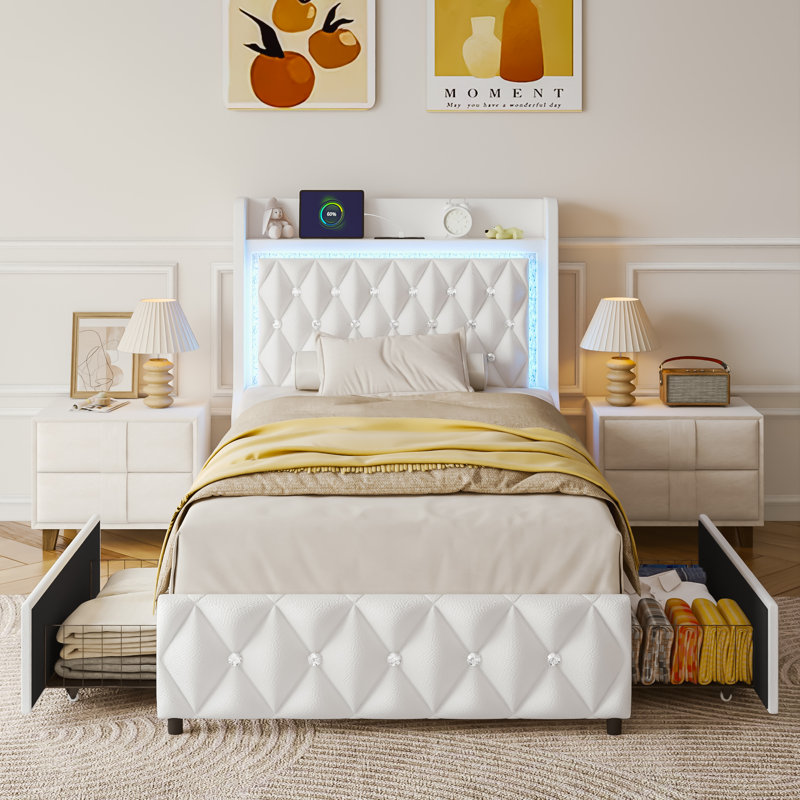 Floating Twin Bed Frame With LED Light, Upholstered PU Leather Platform Twin Bed With Charging Station & Wingback, Diamond Tufted Storage Headboard & Footboard, No Box Spring Needed