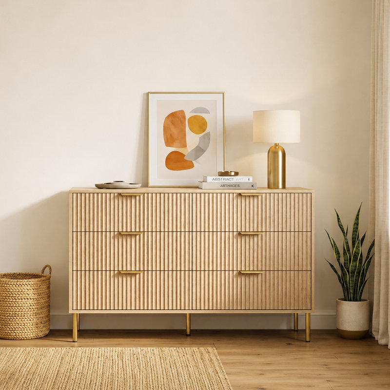 Commode double cannelée moderne 47 po à 6 tiroirs avec pieds en métal, chêne naturel, Chêne naturel