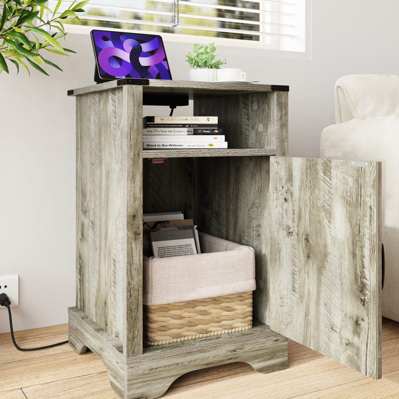 Grey Nightstand With Electrical Outlets And Easy Installation - Wooden Side Table Large Cabinet, Light Gray