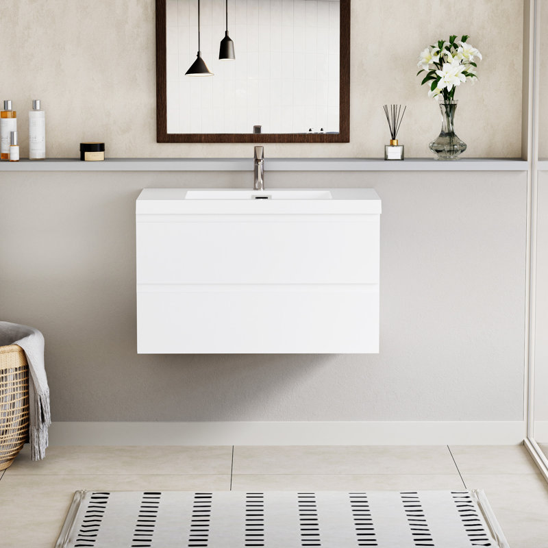 36" Floating Bathroom Vanity With Sink, Glossy White