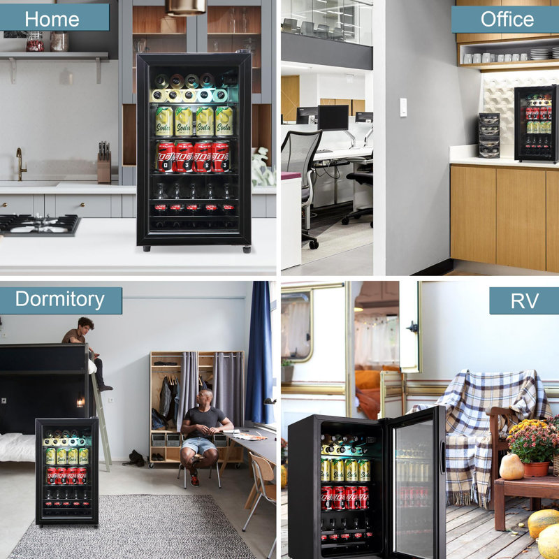 Réfrigérateur à boissons autoportant de 120 canettes, mini réfrigérateur noir de 2,4 pieds cubes avec porte vitrée, contrôle de la température réglable et lumière DEL bleue pour le bar à vin Soda
