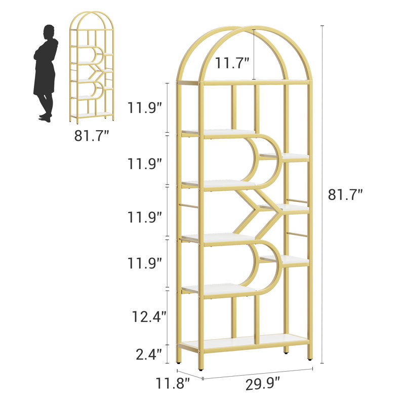 Bookcase, Arched Display Rack with 9-Tier Display Open Shelves, Gold