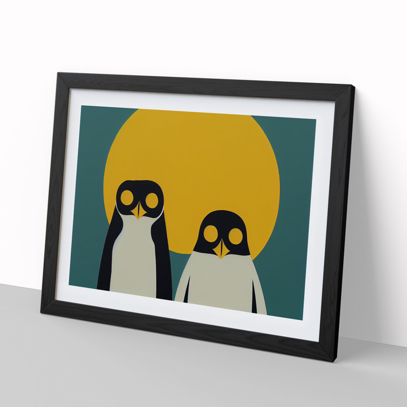 XH1022-9259X Two Abstract Penguins - Single Picture Frame Print, Black Framed, 46cm H x 64cm W x 2cm D
