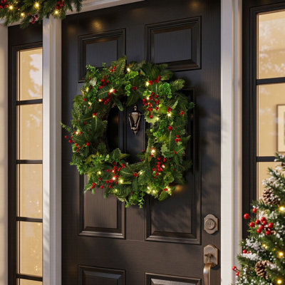 Couronne de Noël ronde pré-illuminée de 61 cm de diamètre avec baies rouges et minuterie