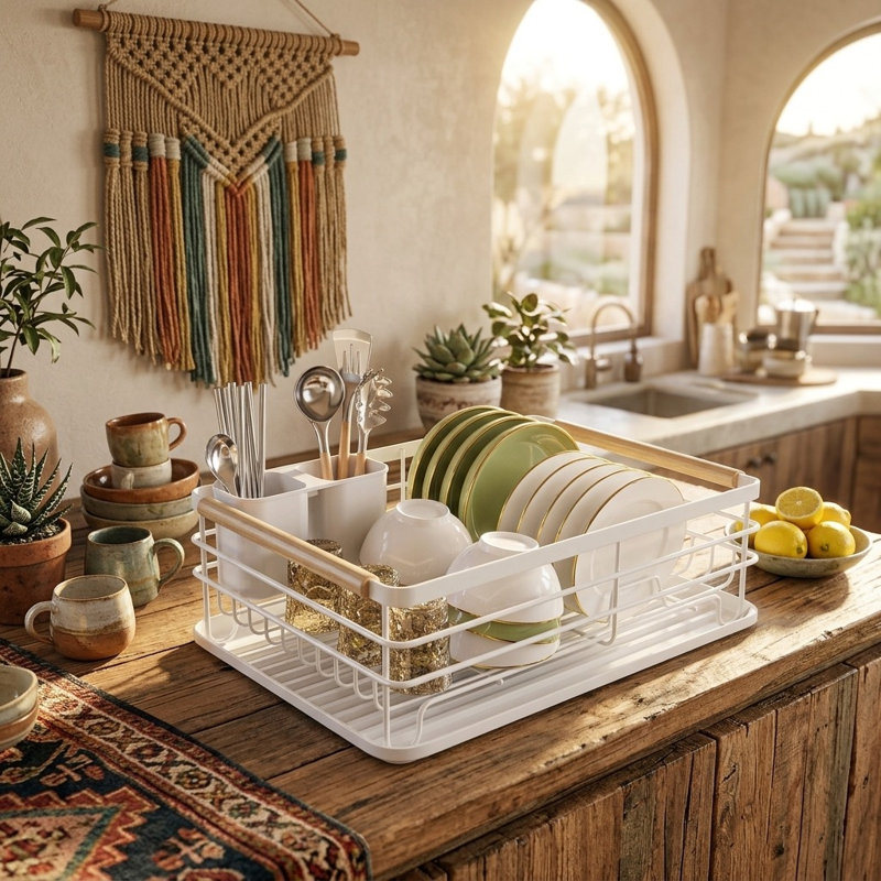 White Dish Drying Rack with Drip Tray & Cutlery Holder