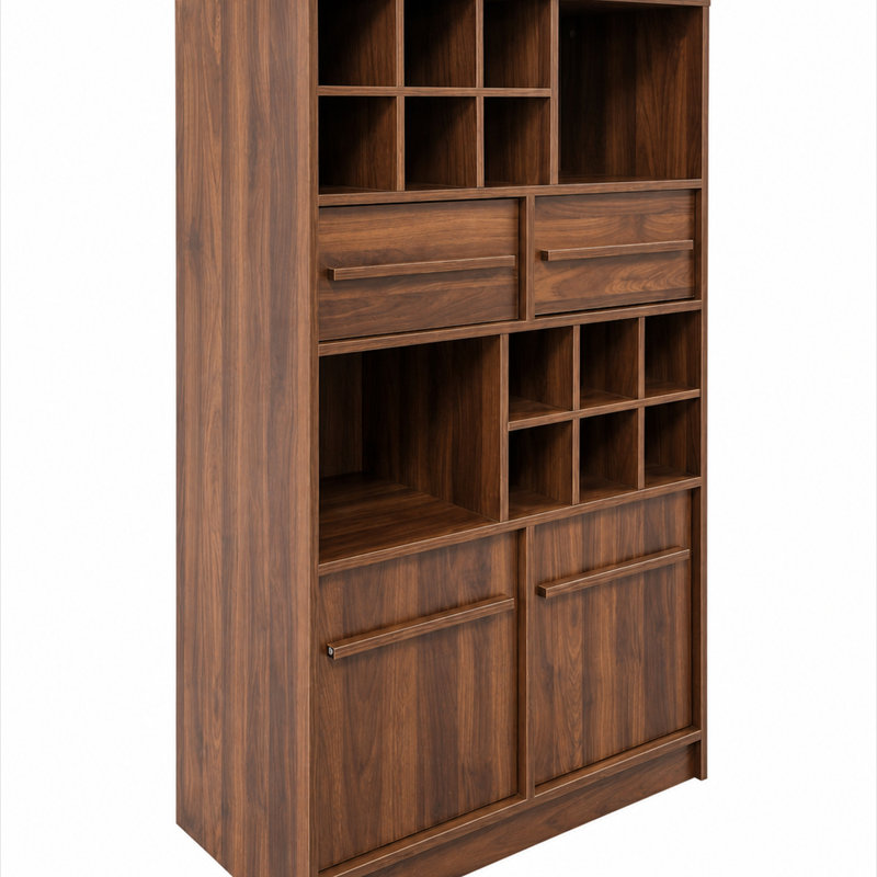 Buffet moderne en noyer avec casier à vin 12 bouteilles et 2 tiroirs, meuble de rangement pour boissons dans la salle à manger