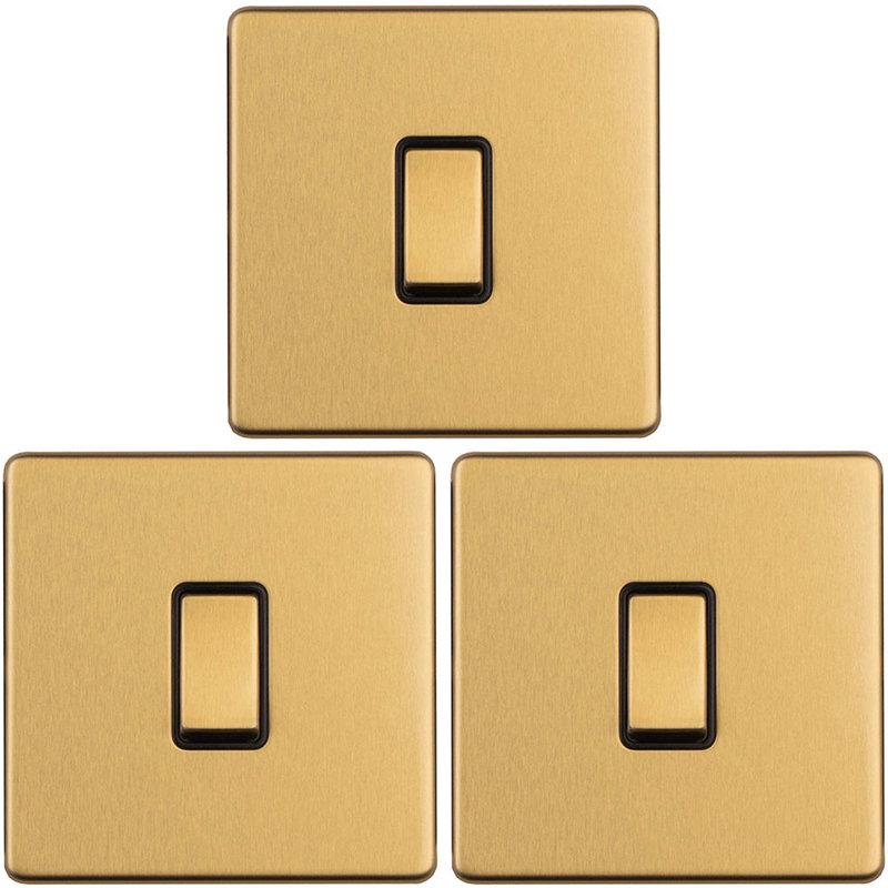 3 PACK 1 Gang Single Light Switch SCREWLESS MATT WHITE 2 Way 10A Slim Rocker, Brass, Gold