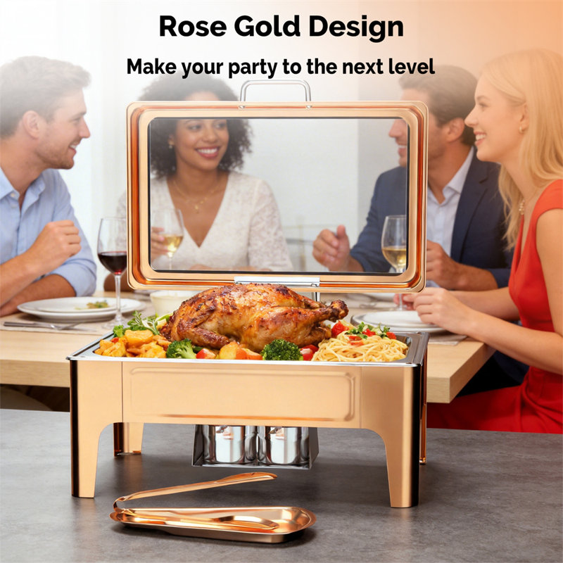 9 QT Rectangular Rose Gold Chafing Dish Buffet Set With Serving Tong