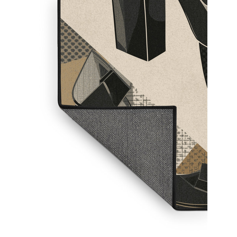 Tapis beige moelleux à motif géométrique rétro - reliure noire, 3x5