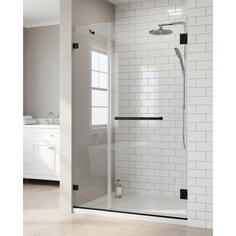 Porte de douche pivotante sans cadre à fermeture en douceur l 48 po x H 74 po, verre trempé transparent de 3/8 po (10 mm), porte de douche battante à charnière avec porte-serviettes et crochet, revêtement double face, noir