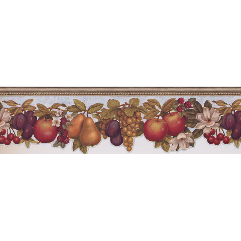 L 15 pi x l 6,25 po Pomme, poire, prune, raisin, cerise, framboise, fleurs sur une magnifique bordure de papier peint rétro