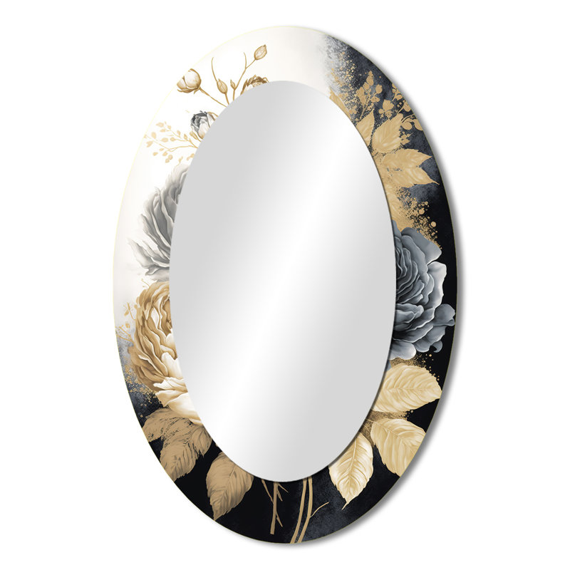 White, Gold And Black Rose Bouquet II - Black Oval Wall Mirror Decor, 36" x 24"