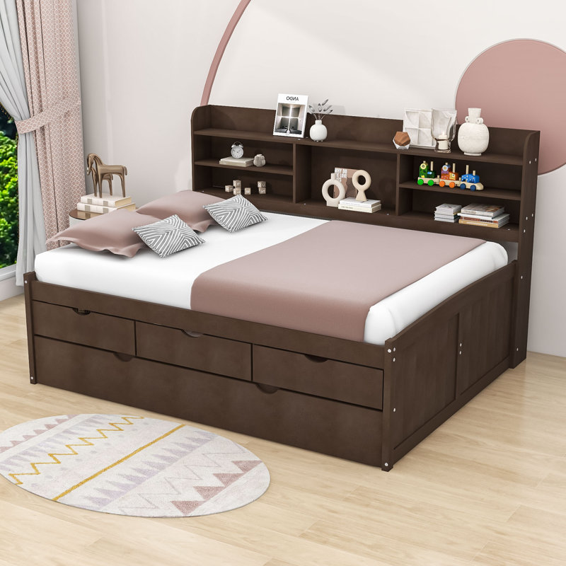 Beckwourth Full Size Wooden Platform Bed with Shelves and 3 Drawers,Twin Size Trundle, Antique Brown