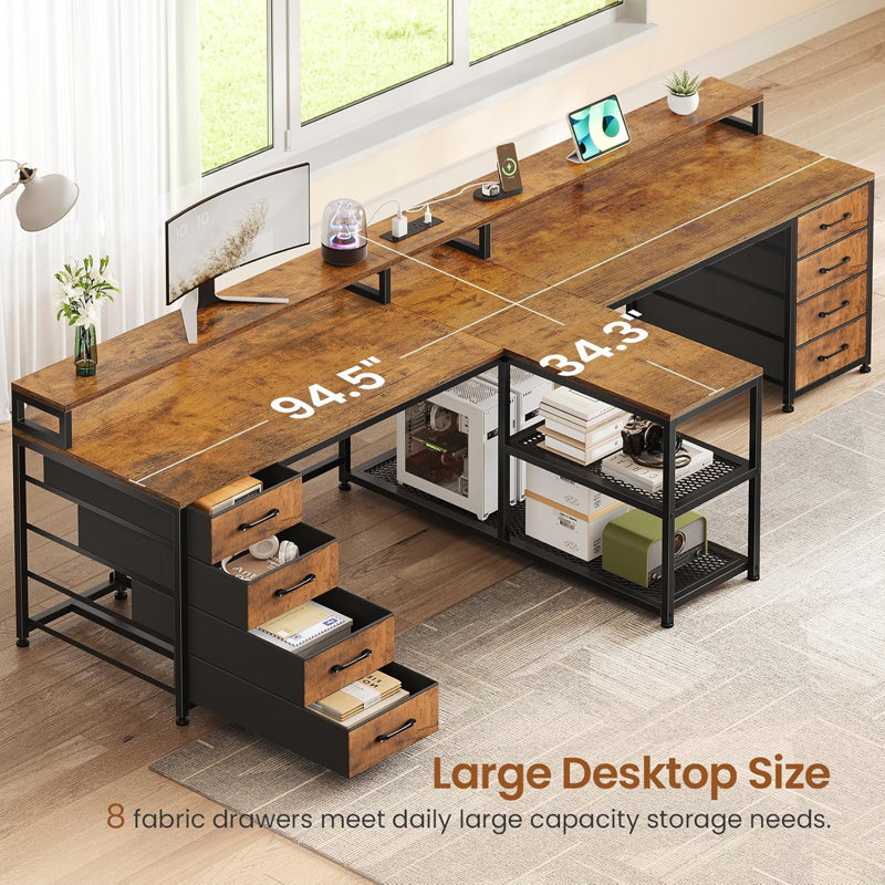 94.5" 2 Person Gaming Desk, Long Office Computer Desk With 8 Drawers & Led Lights, Brown