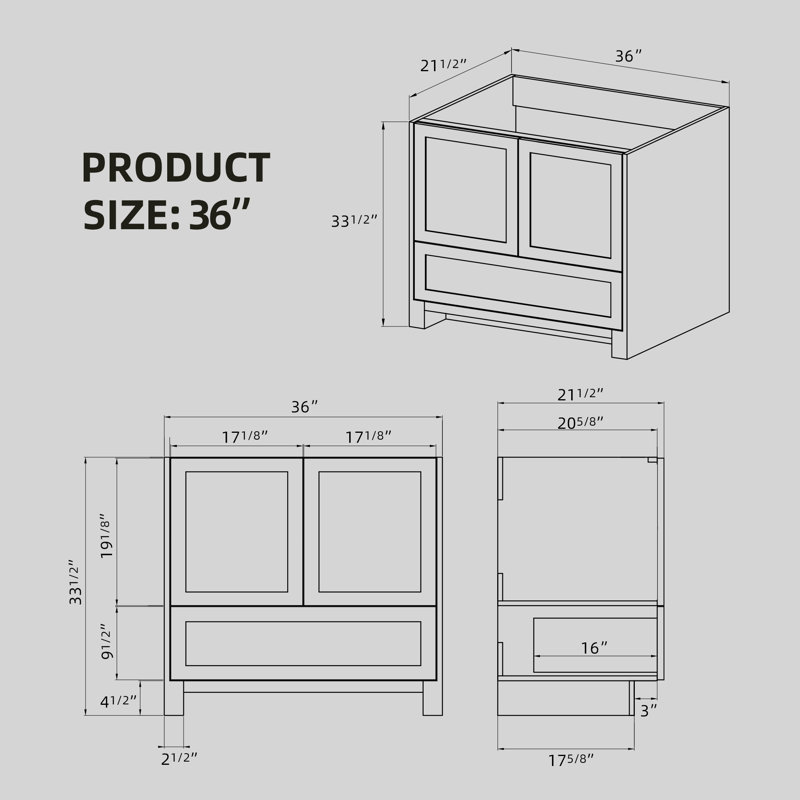 Solid Wood 36 Inch Single Bathroom Vanity Base Only, Gray