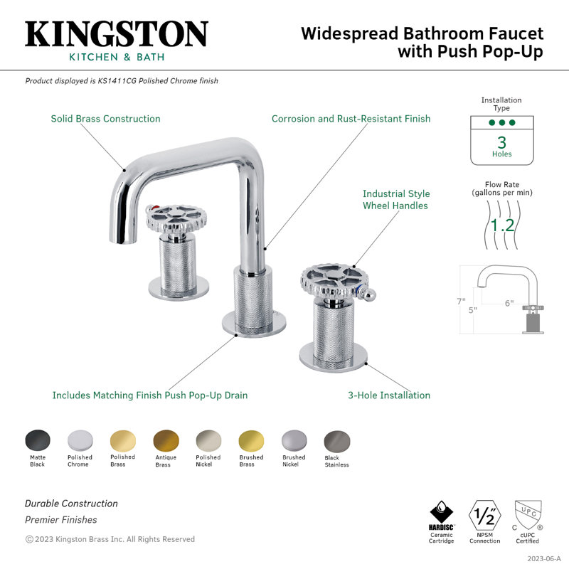 Kingston Brass Fuller Two-Handle 3-Hole Deck Mount Widespread Bathroom Faucet with Push Pop-Up Drain, Black Stainless