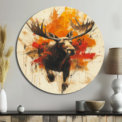Amber couleurs Wild Moose Energy I - impression d'orignaux sur cercle métallique, art mural moderne en métal orange