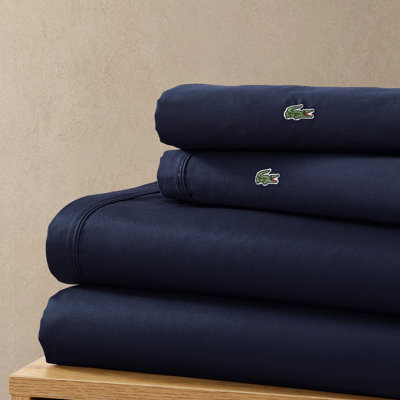 Lacoste 100% Cotton Percale 4-Piece Sheet Set, Cooling Breathable Bed Sheets, Crisp Matte Finish, OEKO-TEX Certified, Deep Pocket, Navy, King