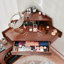 Bureau de coiffeuse de coin avec miroir et lumières à DEL, ensemble de coiffeuse moderne avec miroir et tabouret, coiffeuse avec grand rangement pour petite place, miroir pliant réglable en luminosité, noyer
