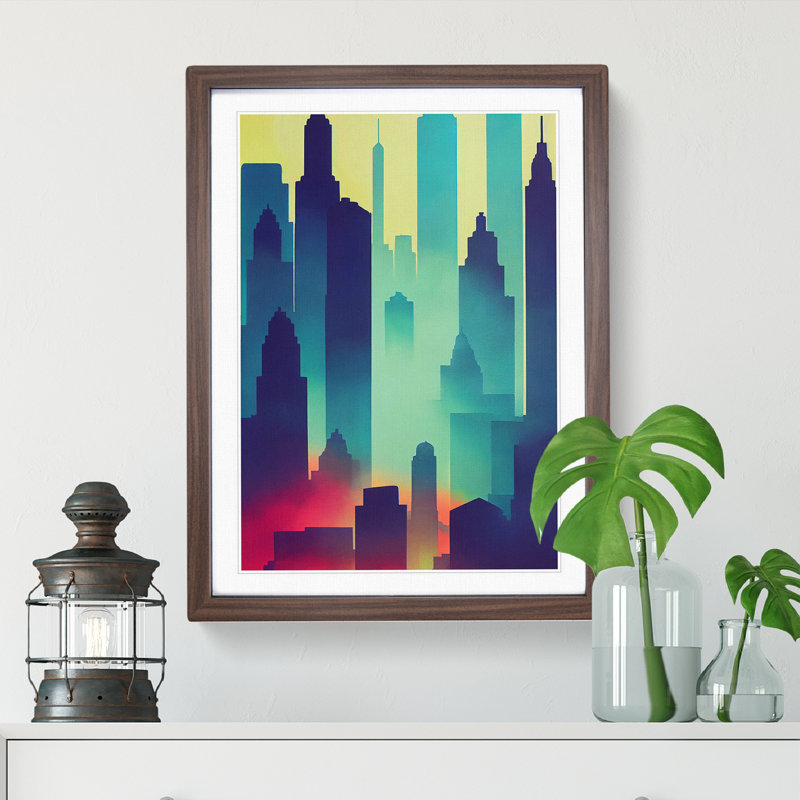 City Skyline Watercolour No.6 - Painting, 66cm H x 48cm W x 2cm D, Walnut Framed, White